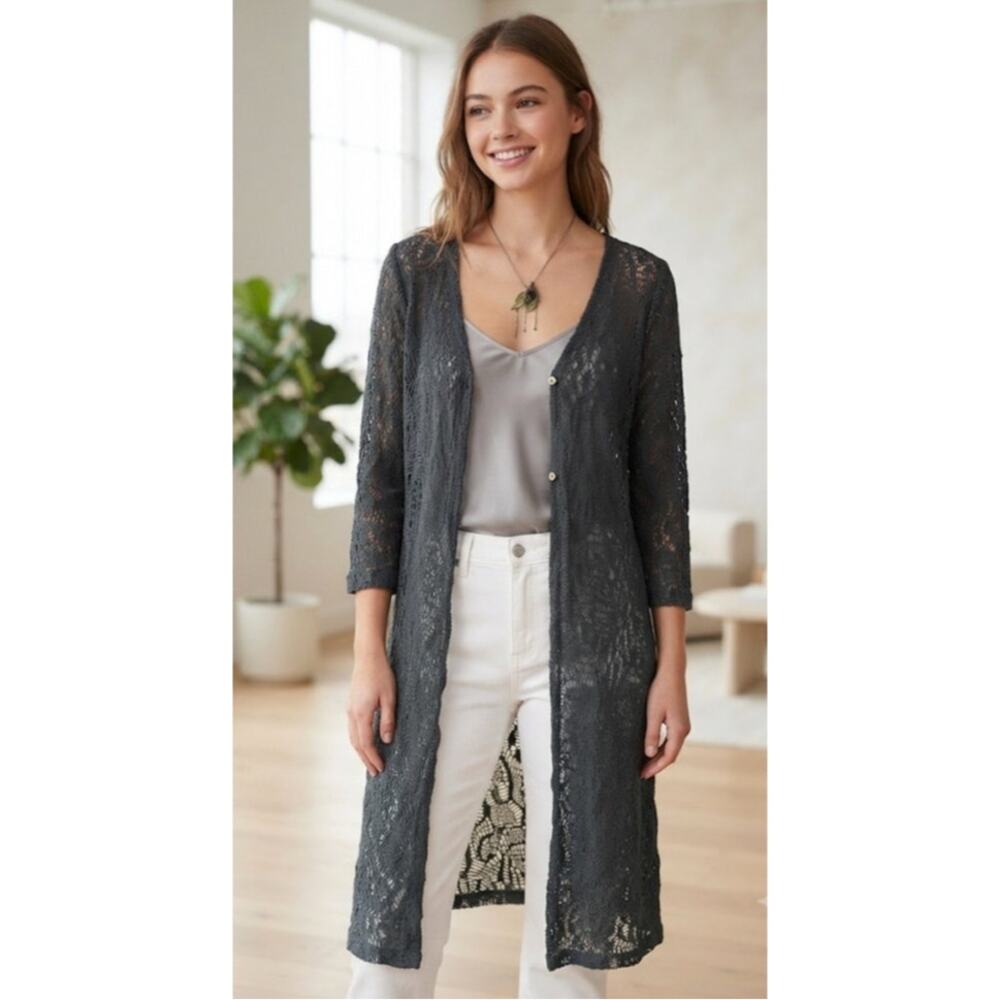 Fairycore Crochet Lace Long Cardigan in Dark Teal